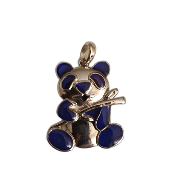 Shiny fun silver tone blue enamel small 1" panda bear pendant charm - Picture 1 of 2